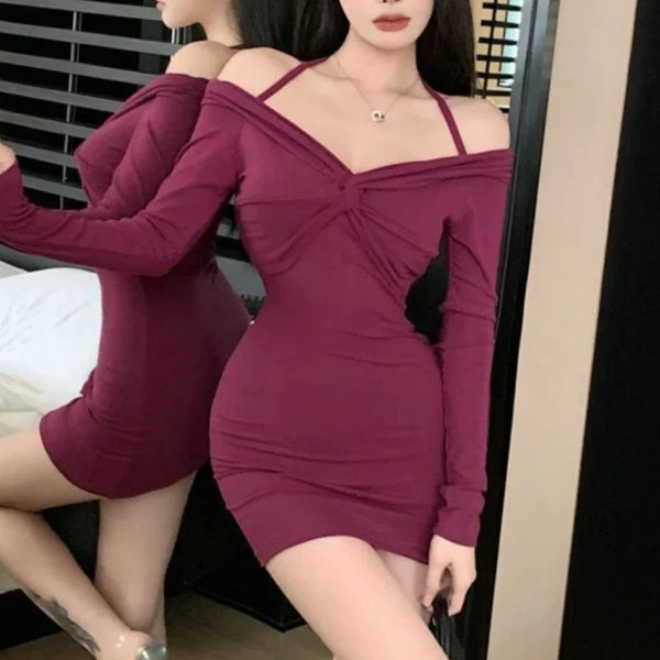 Sexy Dress for Women Autumn Winter Off-shoulder V-neck Slim Skirt